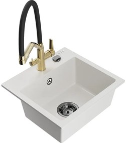 Mexen Milo, granitový drez 435x410x171 mm, 1-komorový a drezová batéria Duo, biela, 6505-20-671701-57-B