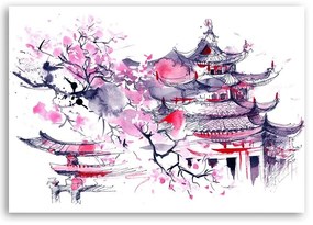 Obraz na plátně Japonský dům akvarel lila - 90x60 cm
