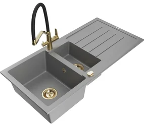 Mexen Andres, granitový drez 1000x500x200 mm, 1,5-komorový a drezová batéria Duo, šedá, 6515-71-671701-57-G