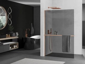 Mexen Kioto+ L, sprchová zástena Walk-In s poličkou a vešiakom 100 x 200 cm, 8mm šedé sklo, medený matný profil, 800-100-123-65-40