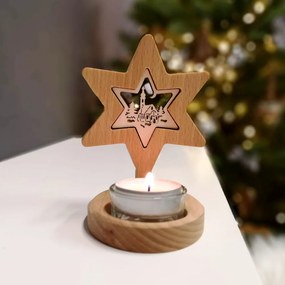 AMADEA Drevený svietnik hviezda s vkladom - kostol, masívne drevo, výška 10 cm