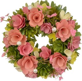 Veniec z drevených kvetov s perličkami 30 cm