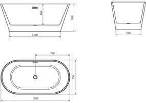 Mexen Flavia, voľne stojaca vaňa 150 x 75 cm, biela, brúsený grafit prepad, 54031507500-95