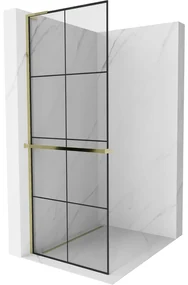 Mexen Kioto+ L, sprchová zástena Walk-In s poličkou a vešiakom 70 x 200 cm, 8mm číre sklo čierny vzor, zlatý lesklý profil,800-070-123-50-77