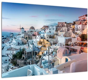 Sklenený obraz - Súmrak v Santorini (70x50 cm)