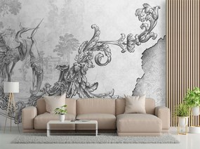 Fototapeta, Divocí ptáci a listy na orientální fresce černobíle - 400x280 cm