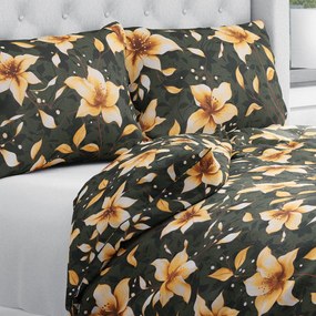 Biante Bavlnené posteľné obliečky Sandra SA-736 Hnedooranžové kvety vanilky na tmavo zelenom Predĺžené 140x220 a 70x90 cm
