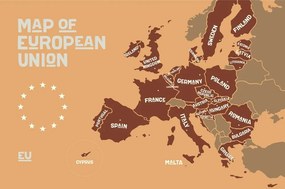 Samolepiaca tapeta hnedá mapa s názvami krajín EÚ - 150x100