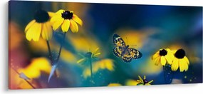 Obraz - Žltý motýľ s kvetmi (120x50 cm)