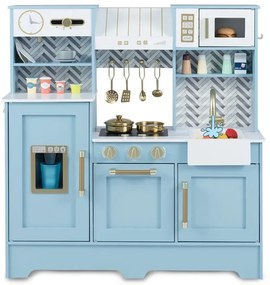 Detská kuchynka na hranie s kávovarom a dávkovačom ľadu, drevená detská kuchynka, kuchynka pre bábiky, modrá