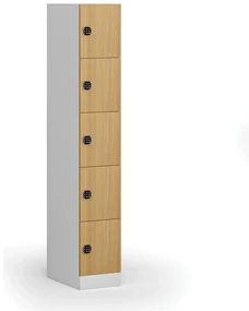 Šatníková skrinka s úložnými boxmi, 5 boxov, 1850 x 300 x 500 mm, kódový zámok, laminované dvere, buk