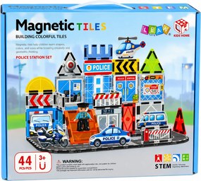 LEAN Toys Magnetické stavebné kocky – Policajná základňa, vozidlá, policajt, 44 dielov