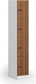 Šatníková skrinka S1 s úložnými boxmi, 4 boxy, 1850 x 300 x 500 mm, demont, mechanický kódový zámok, laminované dvere, orech
