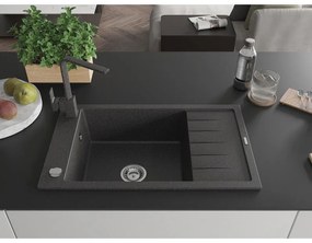 Mexen Elias, granitový drez granitový 795x480x200 mm, 1-komorový, čierna škvrnitá s chrómovým sifónom a čierna škvrtnitá drezová batéria Rita, 6511-76-670300-76