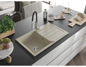 Mexen Bruno, 1-komorový granitový drez 795x495x200 mm a drezová batéria Aster, béžová, 6513-69-73450-07
