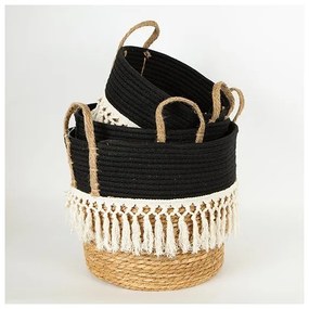 SADA 3x Slamený košík béžová/čierna/biela 25x17x23/28x22x25/35x28x30 cm