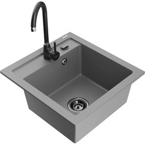 Mexen Vito, 1-komorový granitový drez 520x490x210 mm, čierna batéria Telma, šedá, 6503-71-670200-70-B