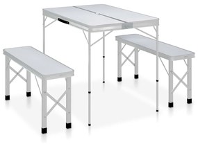 Skladací kempingový stôl s 2 lavicami biely hliníkový