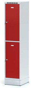 Alfa 3 Šatníková skrinka S6 na sokli s úložnými boxami, 2 boxy, 1920 x 400 x 500 mm, otočný zámok, červené dvere