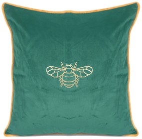 Zelená zamatová obliečka na vankúš so zlatým motívom včely 45 x 45 cm