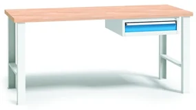 Pracovný stôl do dielne WL so závesným boxom na náradie, buková škárovka, 1 zásuvka, pevné kovové nohy, 1500 mm