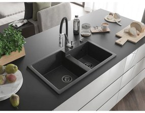 Mexen Tomas, 2-komorový granitový drez 800x500x190 mm a drezová batéria Aster, čierna škvrnitá, 6516-76-73450-07-B