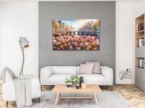Gario Diamantové maľovanie Tulipány s výhľadom na most Rozmery: 40 x 60 cm, Rámovanie: Iba zrolované plátno, Diamanty: Štvorcové