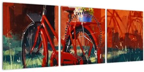 Obraz červeného kolesa, akrylová maľba (s hodinami) (90x30 cm)