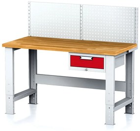 Alfa 3 Nastaviteľný dielenský stôl MECHANIC I, závesný box na náradie, nadstavba, 1 zásuvka, 1500x685x700-1055 mm, červené