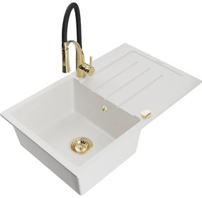 Mexen Bruno, 1-komorový granitový drez 795x495x200 mm a drezová batéria Aster, biela, 6513-20-73450-57-G