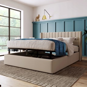 Dvojlôžková čalúnená hydraulická posteľ 160x200 cm ľan matrac