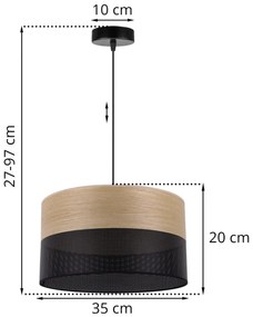 Závesné svietidlo Wood, 1x dýha zlatý dub/čierne PVC tienidlo, (fi 35cm)