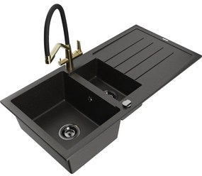 Mexen Andres, granitový drez 1000x500x200 mm, 1,5-komorový a drezová batéria Duo, čierna-zlatá metalíza, 6515-75-671701-57-B