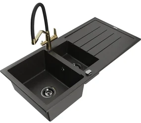 Mexen Andres, granitový drez 1000x500x200 mm, 1,5-komorový a drezová batéria Duo, čierna-zlatá metalíza, 6515-75-671701-57-B