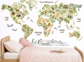 Akvarelová mapa sveta so zvieratkami detské nálepky na stenu výsledný rozmer 109 x 62 cm