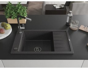 Mexen Elias, 1-komorový granitový drez 795x480x200 mm a drezová batéria Flora, čierna škvrnitá, 6511-76-670401-07-B