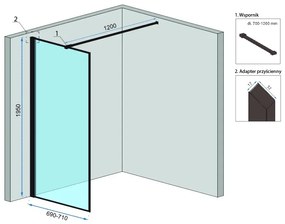 Rea Bler, sprchová zástena typ Walk-In 70x195cm, 8mm číre sklo, čierny profil + polica a vešiak na uteráky EVO, KPL-K7636