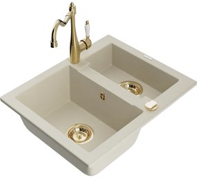 Mexen Carlos, granitový drez 582x475x177 mm, 1,5-komorový a drezová batéria Carla, béžová, 6518-69-670700-50