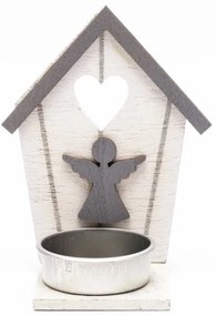 DECOLED Drevený svietnik, domček s anjelom, 10,5x5 cm