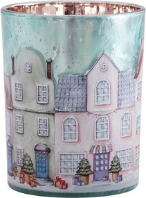 Modrý sklenený svietnik dedinka domčeky Village M - Ø 10*13 cm