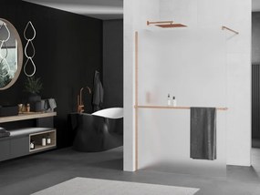 Mexen Kioto+, sprchová zástena Walk-In s poličkou a vešiakom 130 x 200 cm, 8mm sklo námraza, medený matný profil, 800-130-121-65-30