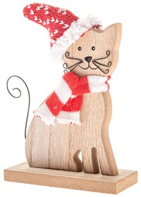 Drevená mačka s pleteným šálom a čiapkou, 14 cm