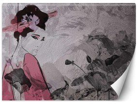 Fototapeta, Portrét gejši na betonové zdi - 350x245 cm