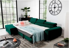 Zelená zamatová rozkladacia/s úložným priestorom rohová pohovka (ľavý roh/s leňoškou) Grayson – ELTAP