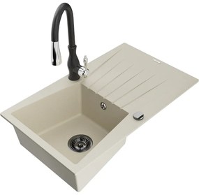 Mexen Cesar, 1-komorový granitový drez 775x470x190 mm a drezová batéria Savita, béžová, 6514-69-672601-70