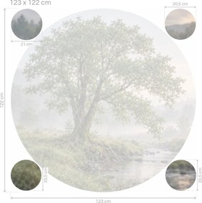 Strom pri potoku v hmle relaxačné kruhové nálepky na stenu do spálne arch 46 x 46 cm