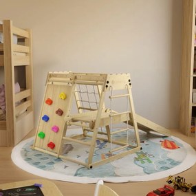 Detské vnútorné drevené ihrisko so šmykľavkou, lezeckou sten
