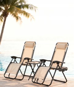 Set 2 polohovateľných záhradných lehátok so stolíkom - béžový