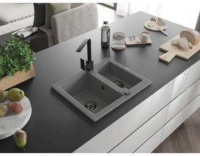 Mexen Carlos, 1,5-komorový granitový drez s odkvapkávačom 582x475x177 mm a čierna kuchynská batéria Rita, šedá, 6518-71-670300-70-B