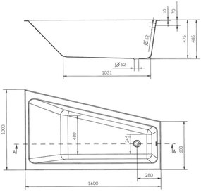 Cersanit Crea slim asymetrická vaňa pravá 160x100cm + nožičky, S301-230